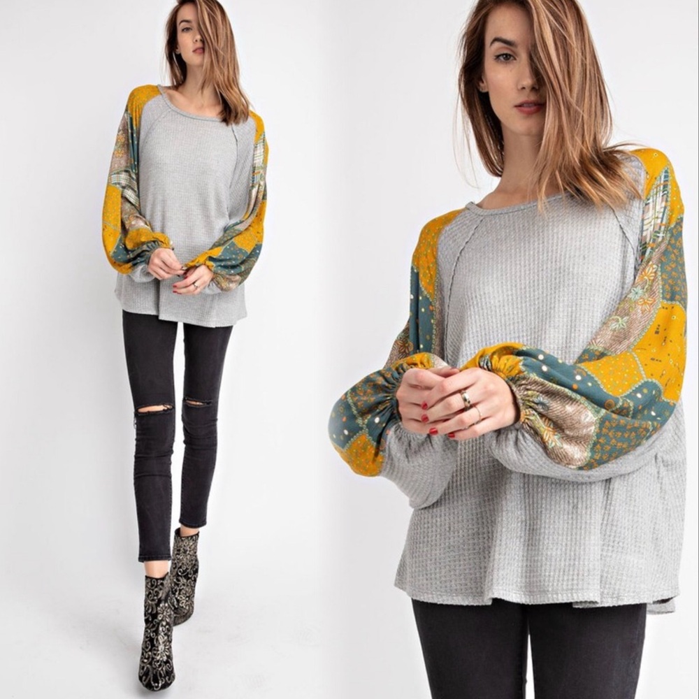 EASEL Oversized Patchwork Sleeve Gray Top NWT - image 1